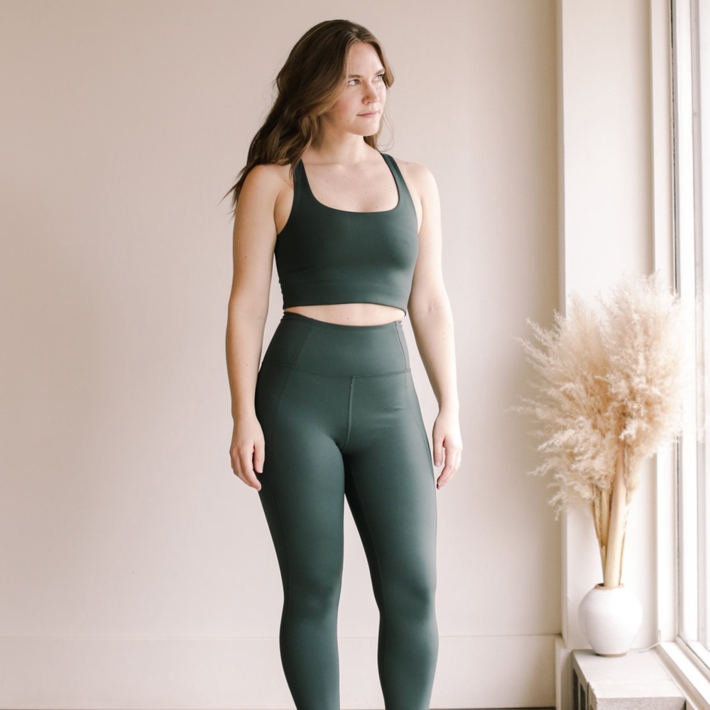 girlfriend collective moss green bundle: bra + shorts + leggings + scrunchie